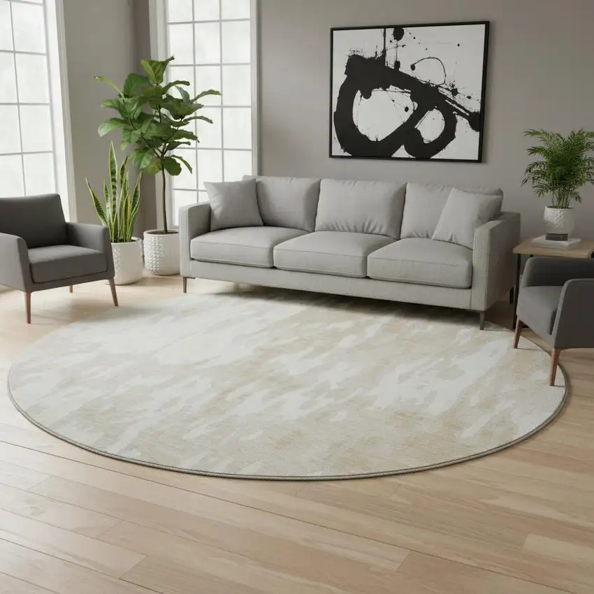 8' Beige Ivory And Tan Abstract Washable Round Rug With UV Protection Photo 2