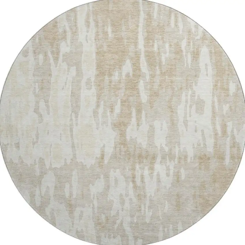 8' Beige Ivory And Tan Abstract Washable Round Rug With UV Protection Photo 3
