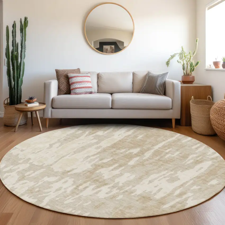 8' Beige Ivory And Tan Abstract Washable Round Rug With UV Protection Photo 4
