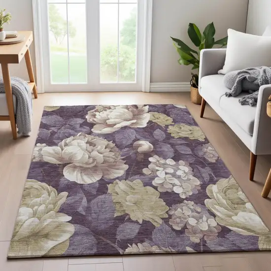 8' Beige Ivory And Tan Floral Washable Area Rug With UV Protection Photo 4