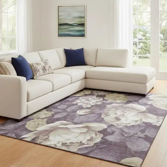 8' Beige Ivory And Tan Floral Washable Area Rug With UV Protection Photo 2