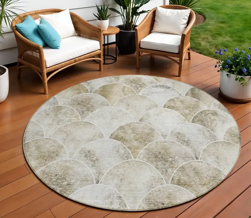 8' Beige Ivory And Tan Round Abstract Washable Indoor Outdoor Area Rug Photo 1