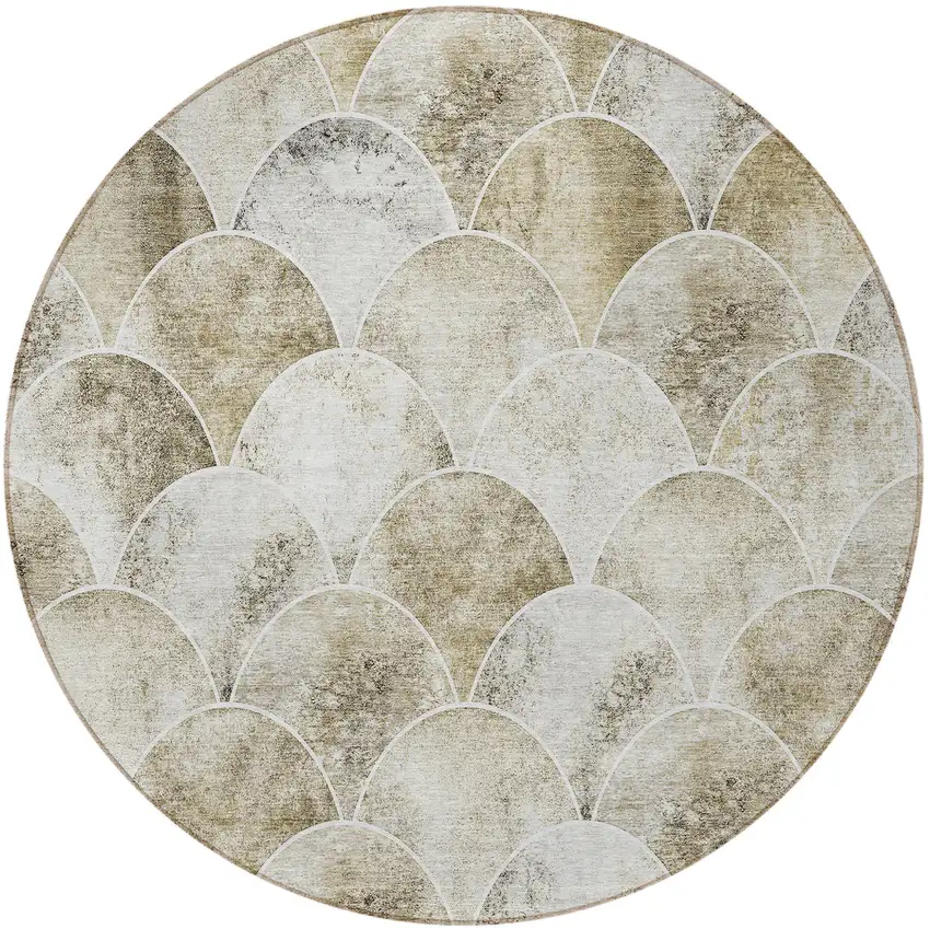 8' Beige Ivory And Tan Round Abstract Washable Indoor Outdoor Area Rug Photo 5