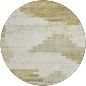 Photo of 8' Beige Ivory And Tan Round Geometric Washable Indoor Outdoor Area Rug