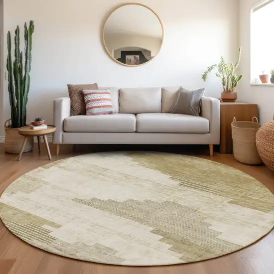 8' Beige Ivory And Tan Round Geometric Washable Indoor Outdoor Area Rug Photo 7