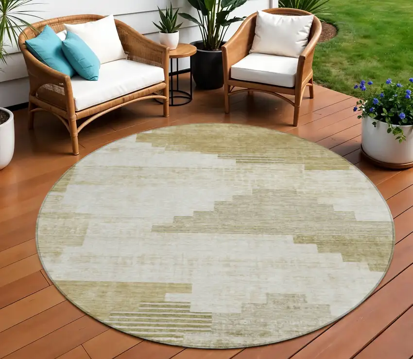 8' Beige Ivory And Tan Round Geometric Washable Indoor Outdoor Area Rug Photo 2