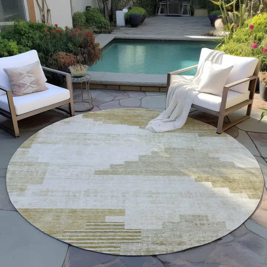 8' Beige Ivory And Tan Round Geometric Washable Indoor Outdoor Area Rug Photo 6