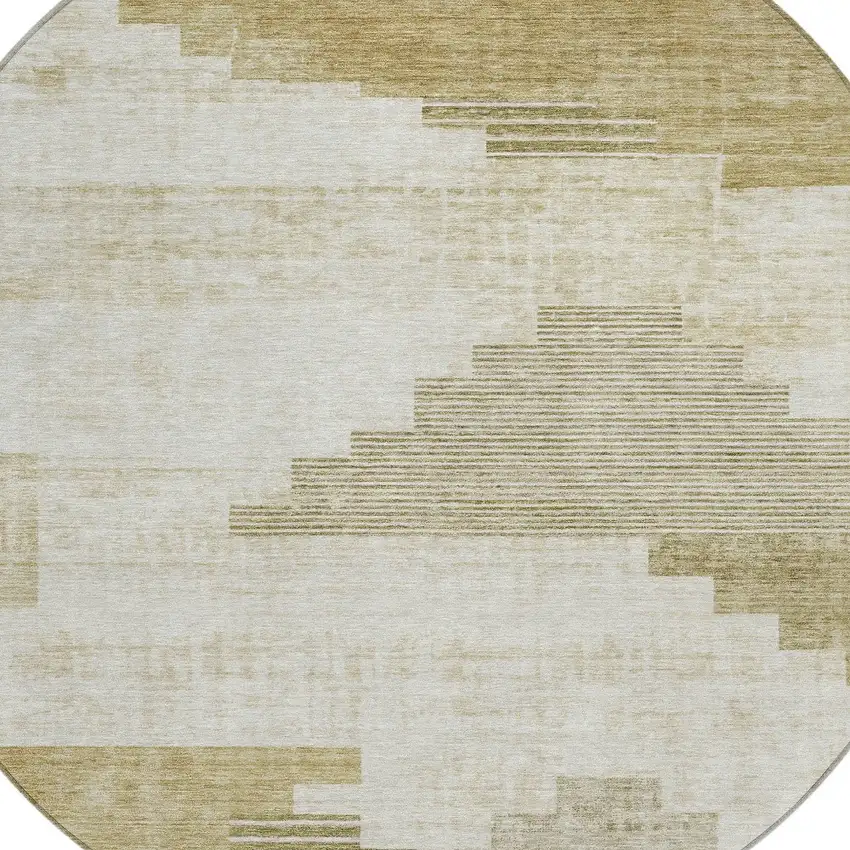 8' Beige Ivory And Tan Round Geometric Washable Indoor Outdoor Area Rug Photo 9
