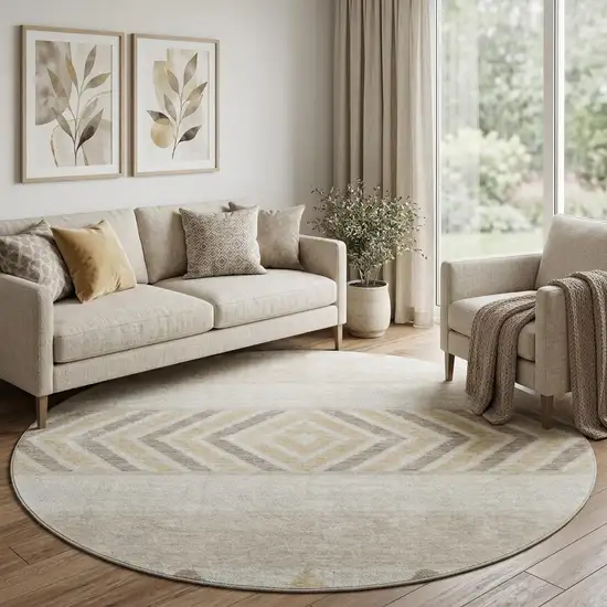 8' Beige Ivory And Tan Southwestern Washable Round Rug With UV Protection Photo 1