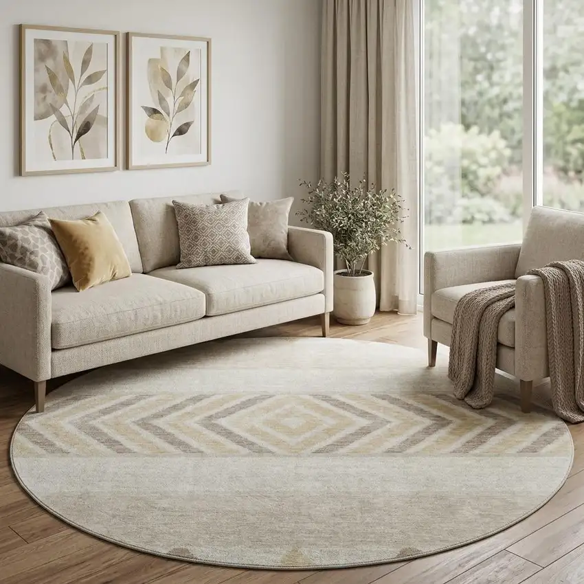 8' Beige Ivory And Tan Southwestern Washable Round Rug With UV Protection Photo 1
