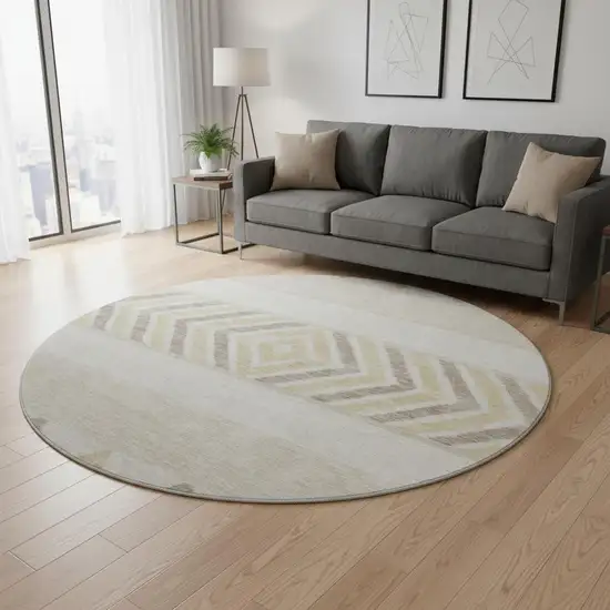 8' Beige Ivory And Tan Southwestern Washable Round Rug With UV Protection Photo 2