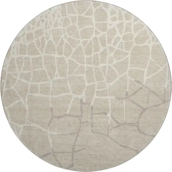 8' Beige Ivory And Taupe Abstract Geometric Washable Round Rug With UV Protection Photo 1