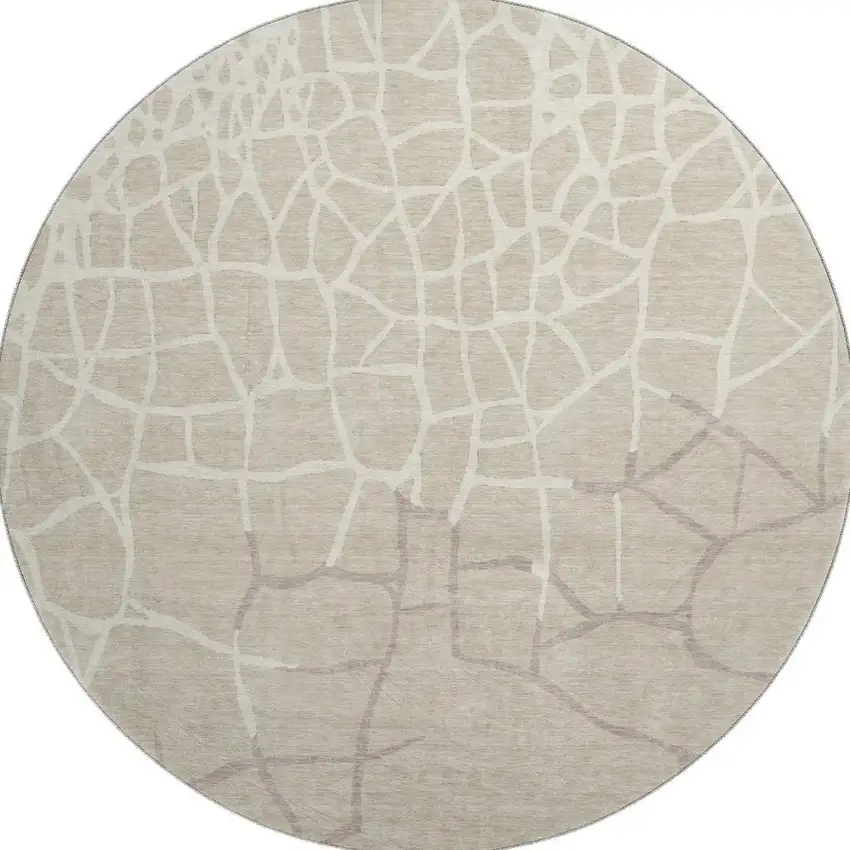 8' Beige Ivory And Taupe Abstract Geometric Washable Round Rug With UV Protection Photo 2