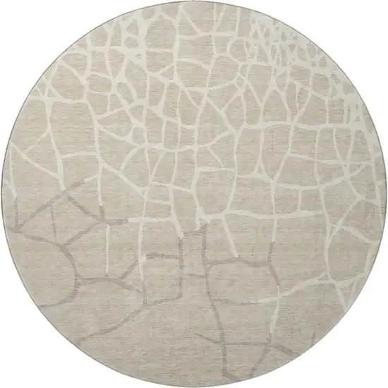 8' Beige Ivory And Taupe Abstract Geometric Washable Round Rug With UV Protection Photo 3