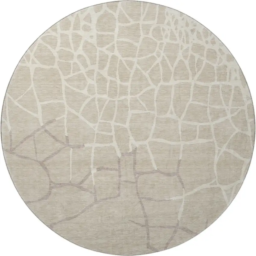 8' Beige Ivory And Taupe Abstract Geometric Washable Round Rug With UV Protection Photo 3