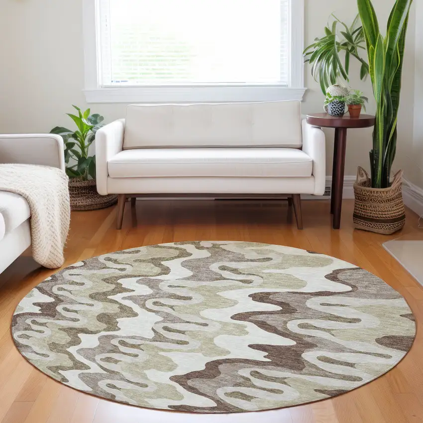 8' Beige Ivory And Taupe Abstract Washable Round Rug With UV Protection Photo 5