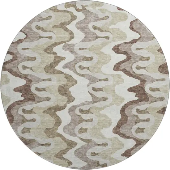 8' Beige Ivory And Taupe Abstract Washable Round Rug With UV Protection Photo 1