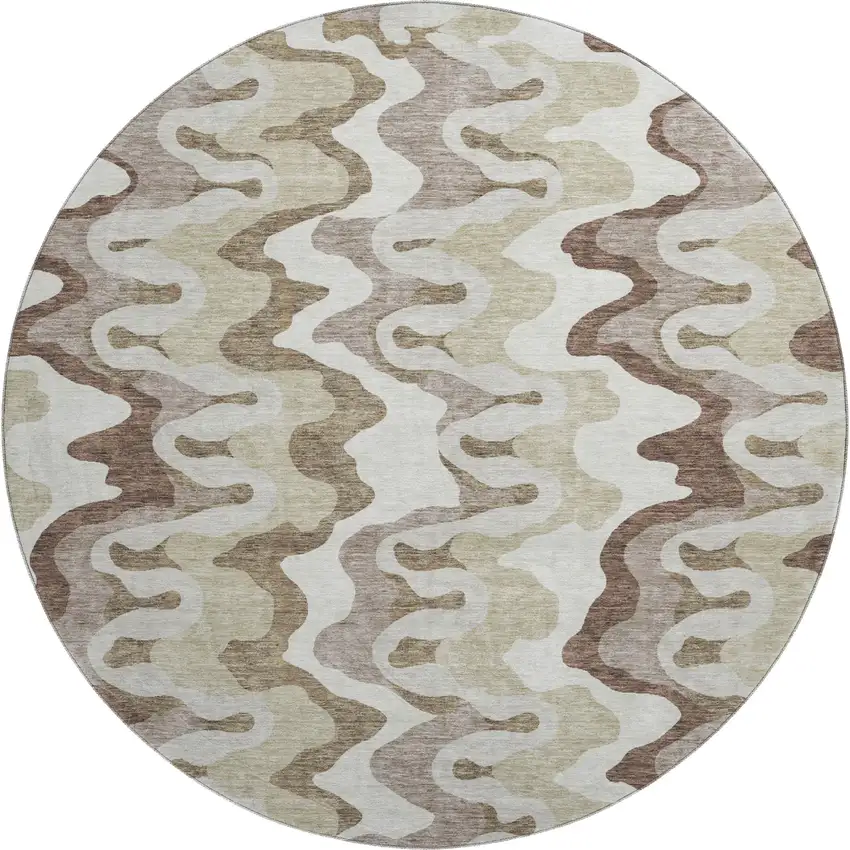 8' Beige Ivory And Taupe Abstract Washable Round Rug With UV Protection Photo 1