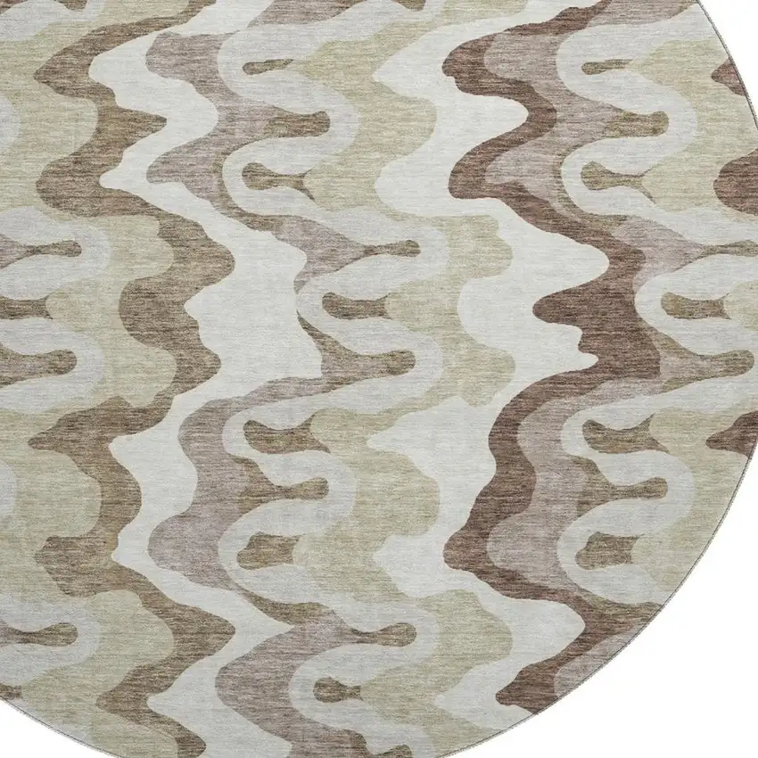 8' Beige Ivory And Taupe Abstract Washable Round Rug With UV Protection Photo 3