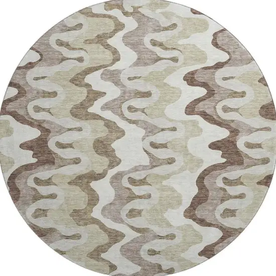8' Beige Ivory And Taupe Abstract Washable Round Rug With UV Protection Photo 4
