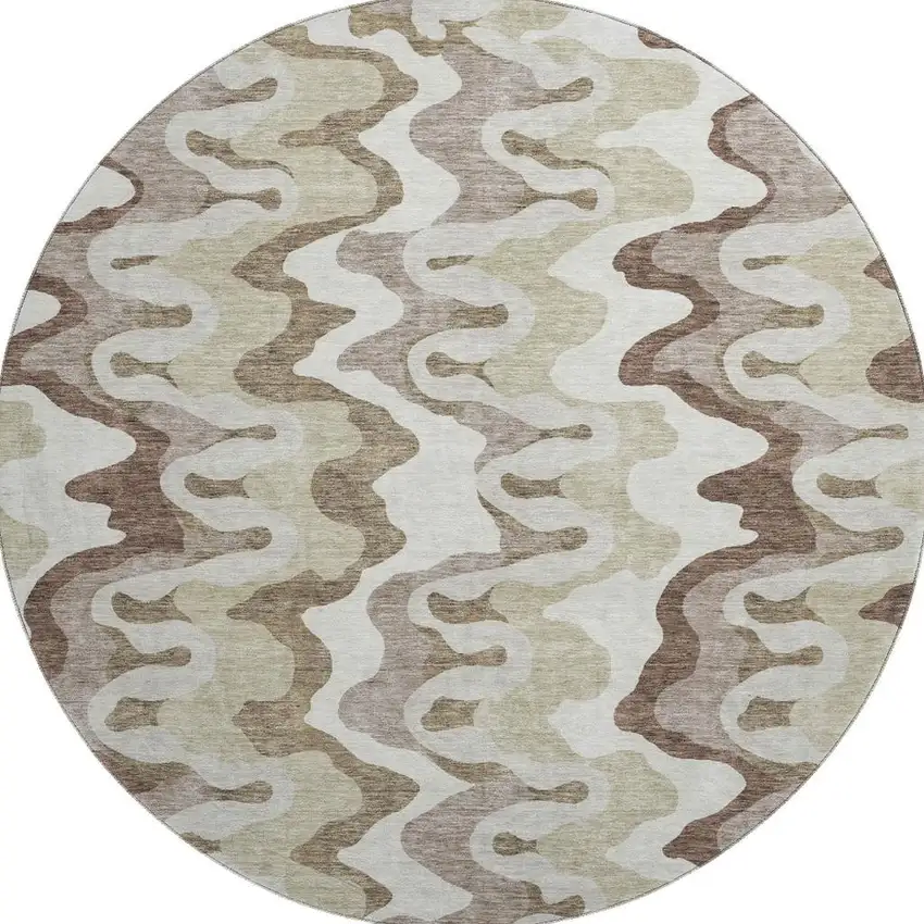 8' Beige Ivory And Taupe Abstract Washable Round Rug With UV Protection Photo 4