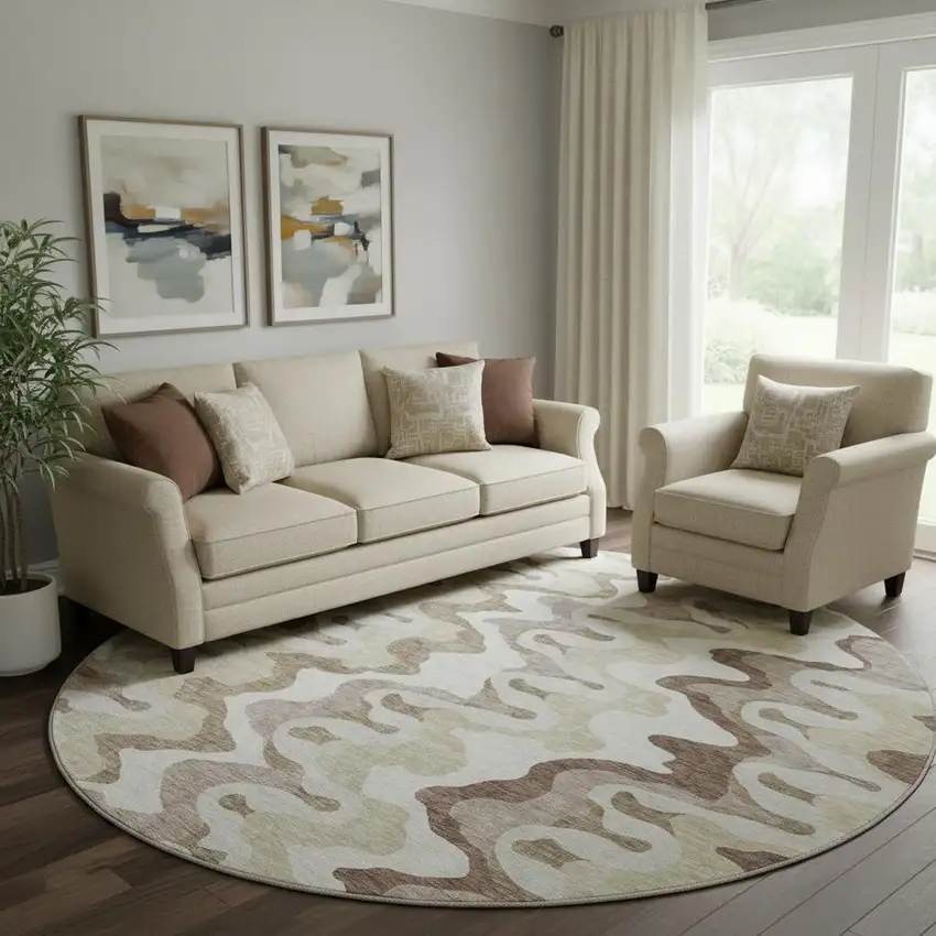 8' Beige Ivory And Taupe Abstract Washable Round Rug With UV Protection Photo 1