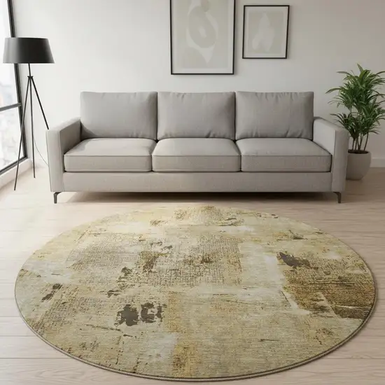 8' Beige Ivory And Taupe Abstract Washable Round Rug With UV Protection Photo 2