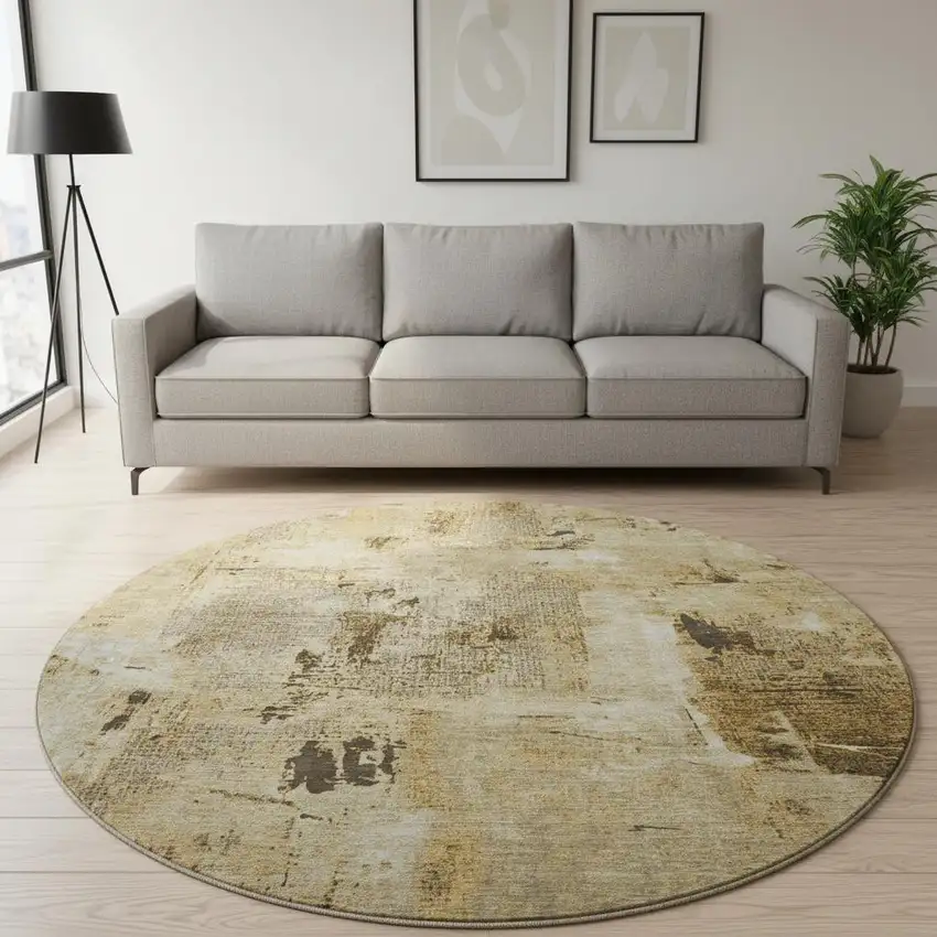 8' Beige Ivory And Taupe Abstract Washable Round Rug With UV Protection Photo 2