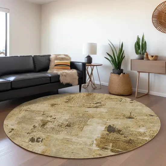 8' Beige Ivory And Taupe Abstract Washable Round Rug With UV Protection Photo 4