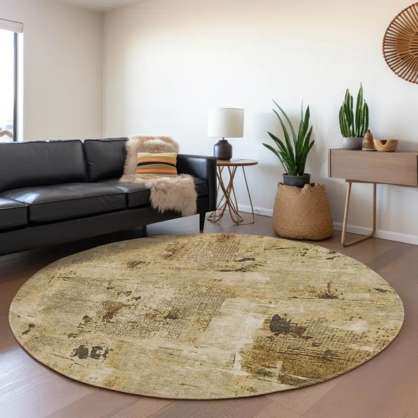 8' Beige Ivory And Taupe Abstract Washable Round Rug With UV Protection Photo 4