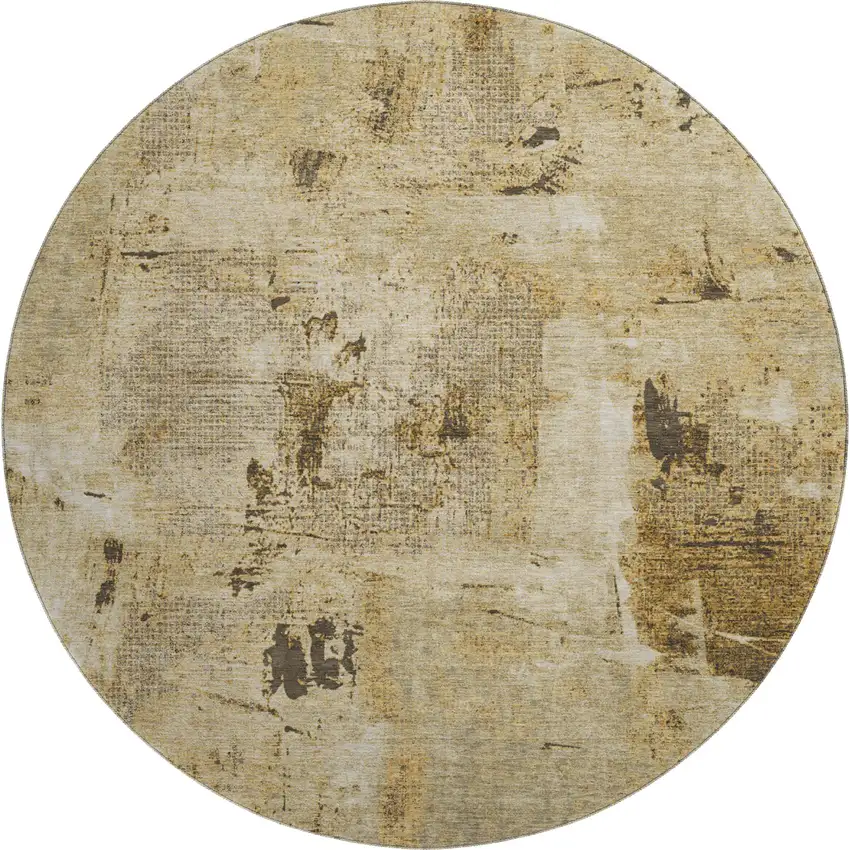 8' Beige Ivory And Taupe Abstract Washable Round Rug With UV Protection Photo 1
