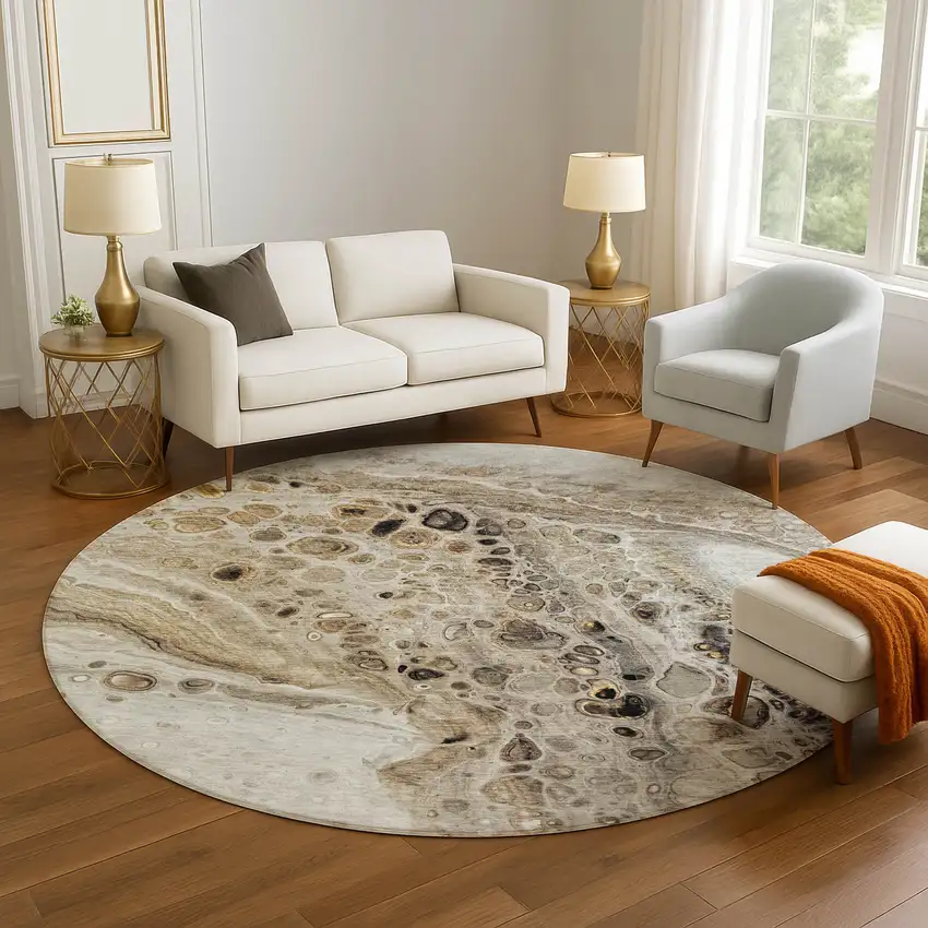 8' Beige Ivory And Taupe Abstract Washable Round Rug With UV Protection Photo 5