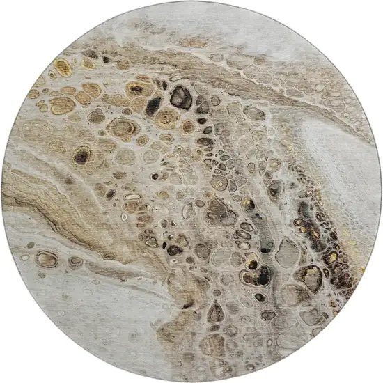 8' Beige Ivory And Taupe Abstract Washable Round Rug With UV Protection Photo 1