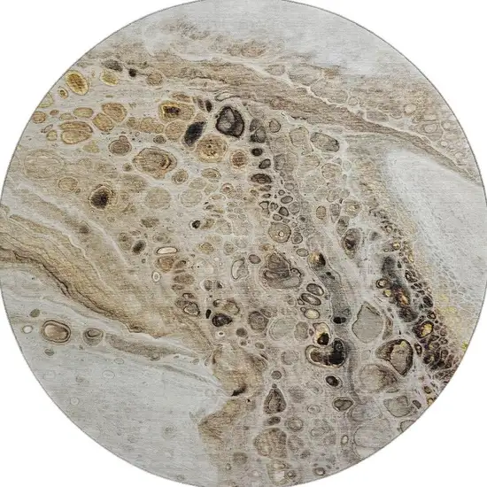 8' Beige Ivory And Taupe Abstract Washable Round Rug With UV Protection Photo 4