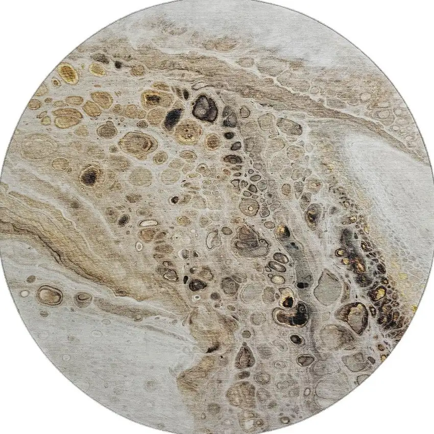 8' Beige Ivory And Taupe Abstract Washable Round Rug With UV Protection Photo 4