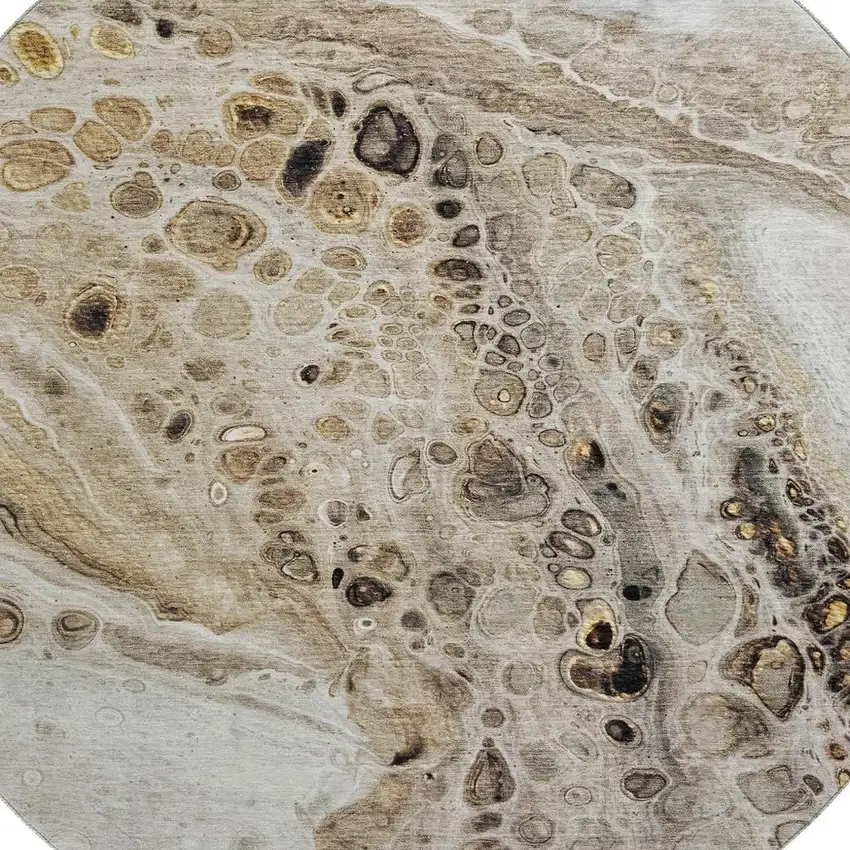 8' Beige Ivory And Taupe Abstract Washable Round Rug With UV Protection Photo 3