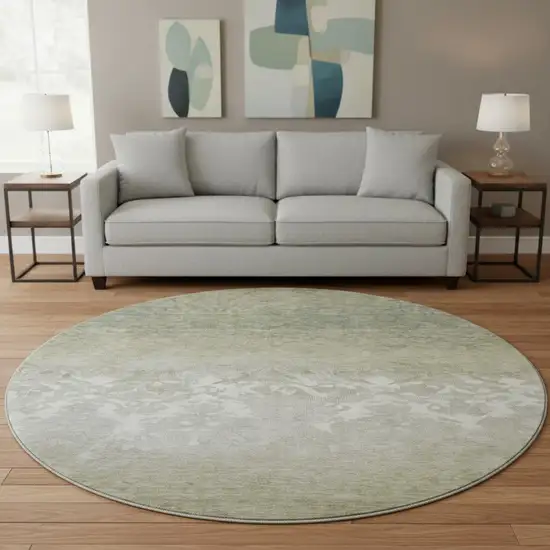 8' Beige Ivory And Taupe Damask Washable Round Rug With UV Protection Photo 2