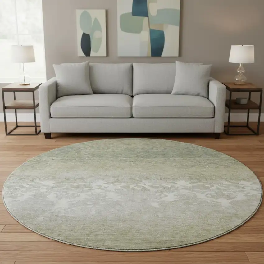 8' Beige Ivory And Taupe Damask Washable Round Rug With UV Protection Photo 2