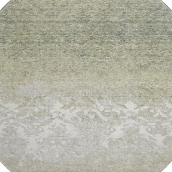 8' Beige Ivory And Taupe Damask Washable Round Rug With UV Protection Photo 3