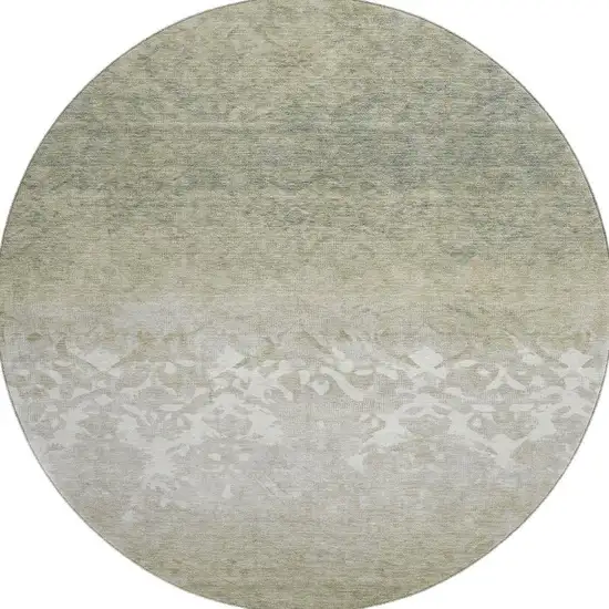8' Beige Ivory And Taupe Damask Washable Round Rug With UV Protection Photo 4