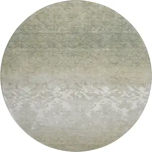 Photo of 8' Beige Ivory And Taupe Damask Washable Round Rug With UV Protection