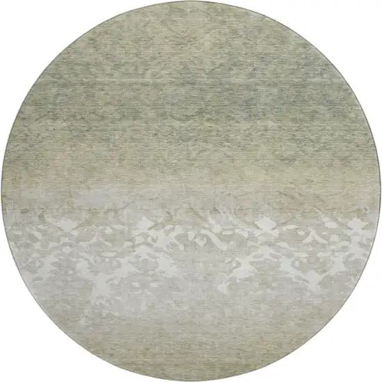8' Beige Ivory And Taupe Damask Washable Round Rug With UV Protection Photo 1