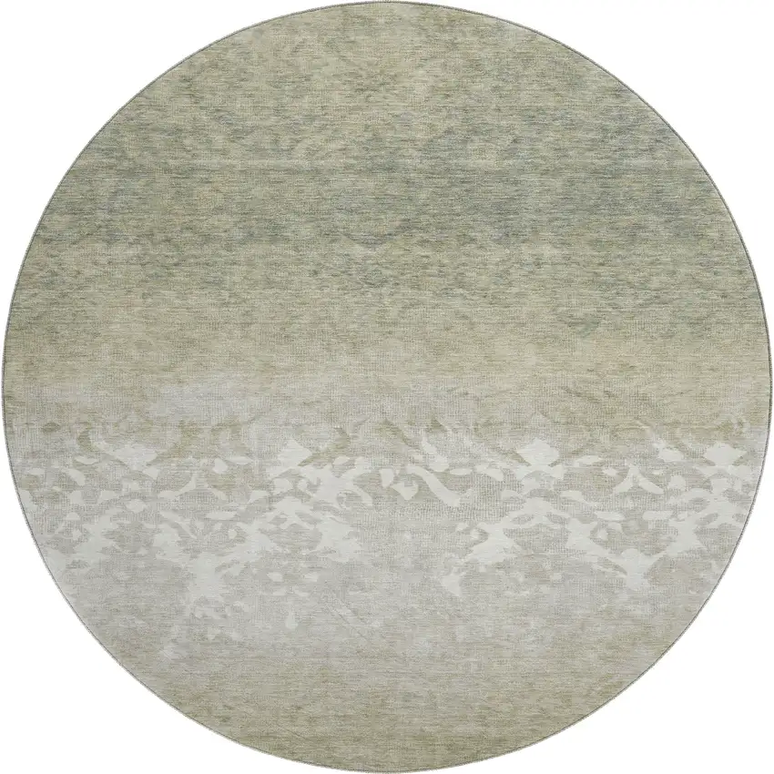 8' Beige Ivory And Taupe Damask Washable Round Rug With UV Protection Photo 1