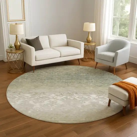 8' Beige Ivory And Taupe Damask Washable Round Rug With UV Protection Photo 5