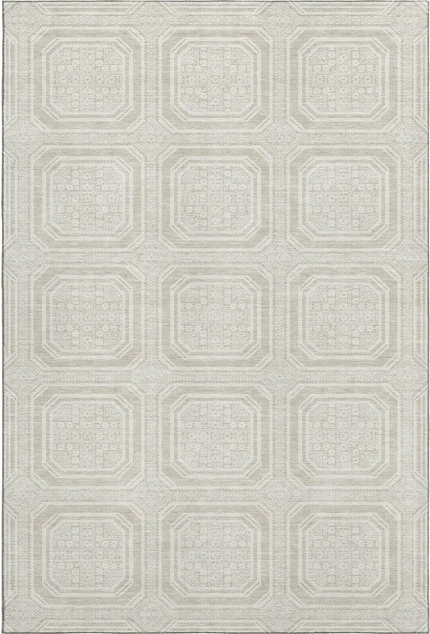 8' Beige Ivory And Taupe Geometric Washable Area Rug With UV Protection Photo 1