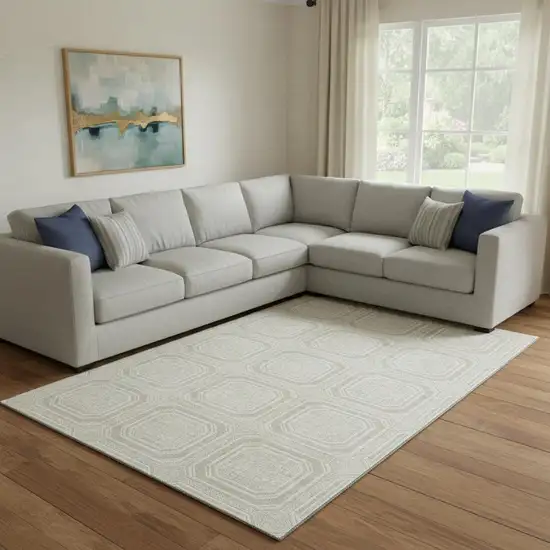 8' Beige Ivory And Taupe Geometric Washable Area Rug With UV Protection Photo 2