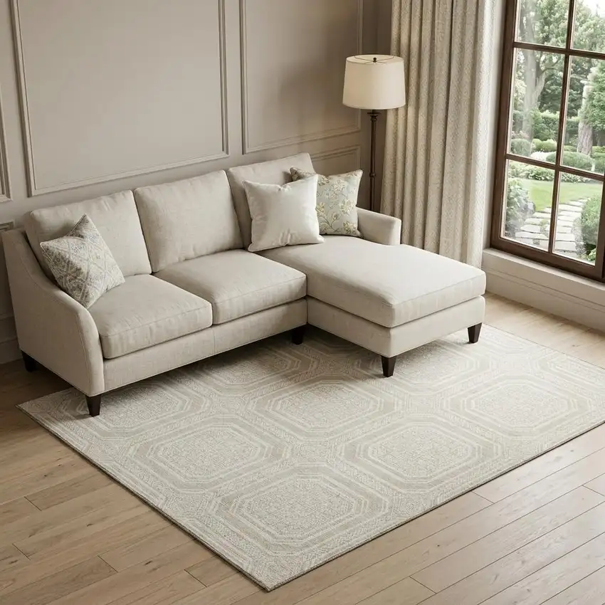 8' Beige Ivory And Taupe Geometric Washable Area Rug With UV Protection Photo 1