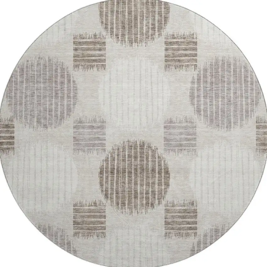 8' Beige Ivory And Taupe Geometric Washable Round Rug With UV Protection Photo 4