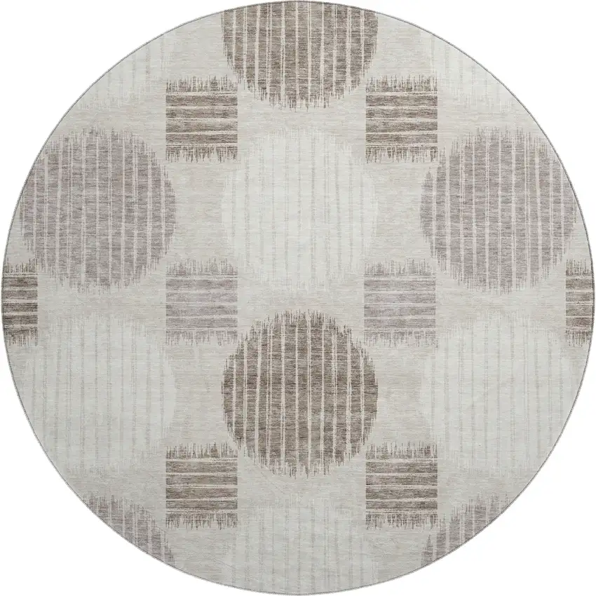 8' Beige Ivory And Taupe Geometric Washable Round Rug With UV Protection Photo 1