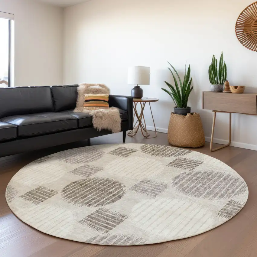 8' Beige Ivory And Taupe Geometric Washable Round Rug With UV Protection Photo 5